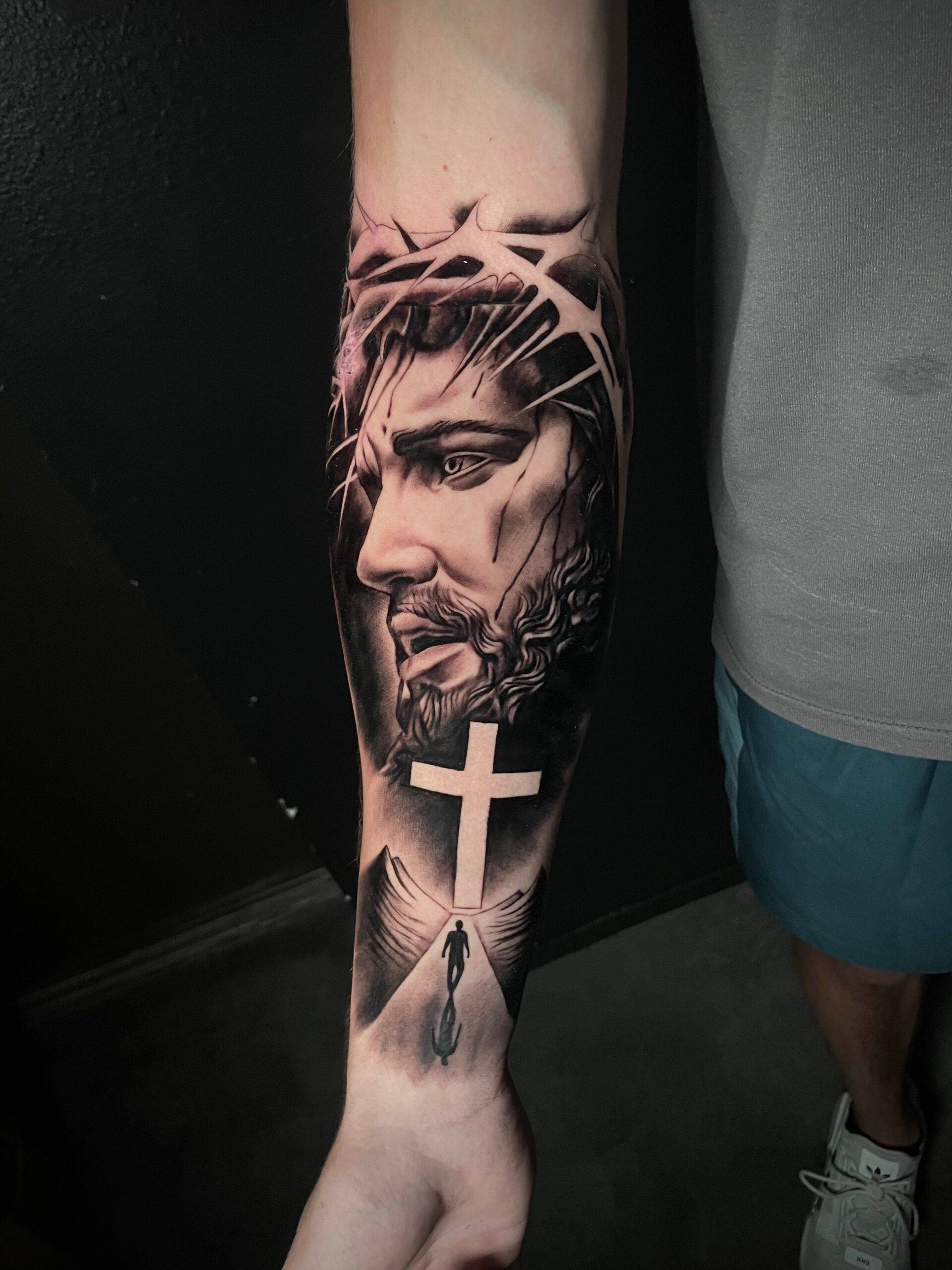 Jesus portrait is in the healing process, Jesus on the stairs with the  clouds are still fresh #elierahmetattoos #messagefromtheskin #ta... |  Instagram